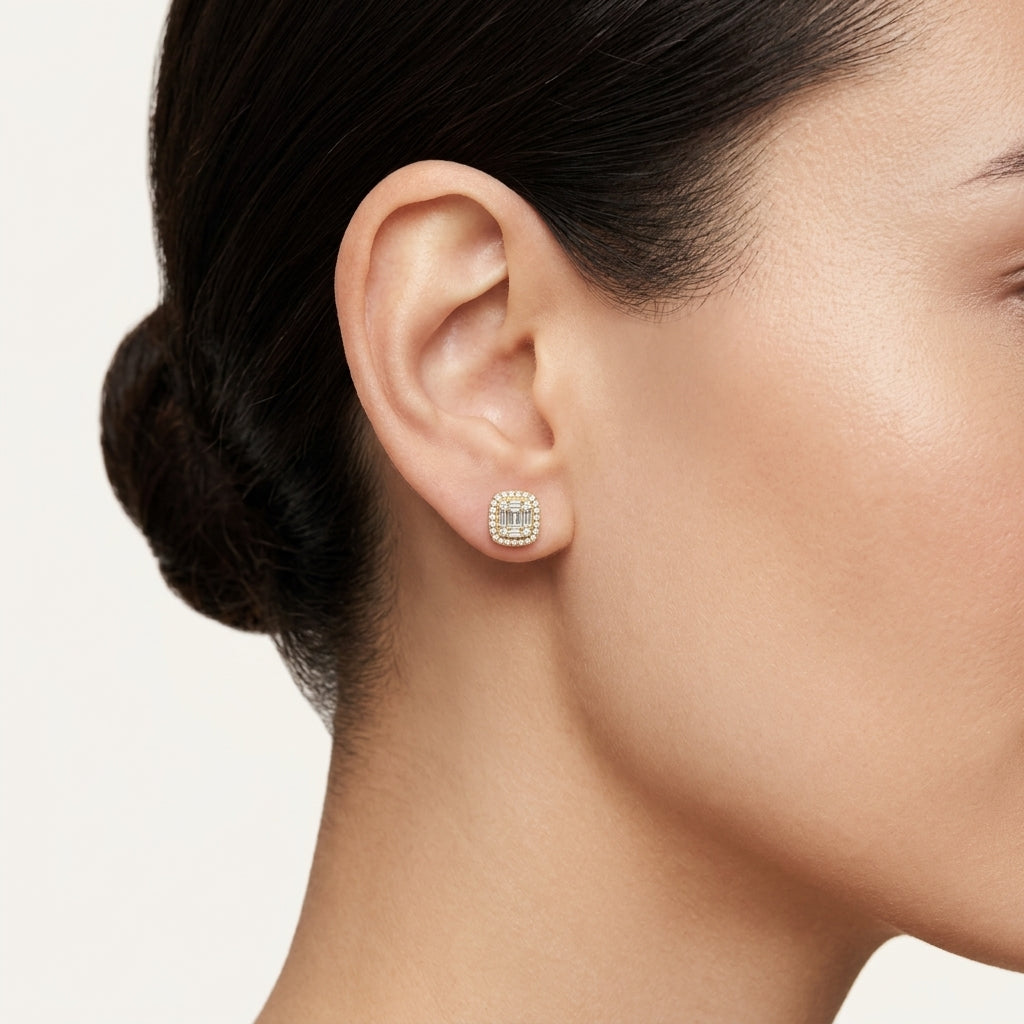Emerald Cut Diamond Cluster Halo Stud Earrings worn by model - Vicenza Miami