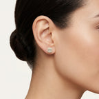 Emerald Cut Diamond Cluster Halo Stud Earrings worn by model - Vicenza Miami
