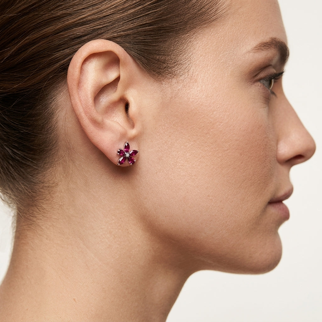 Flower Ruby & Diamond Earring worn by model - Vicenza Miami