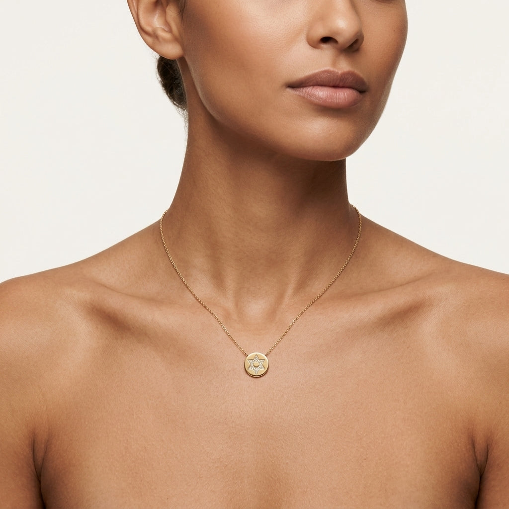 Star of David Pave Diamond Disc Pendant worn by model - Vicenza Miami