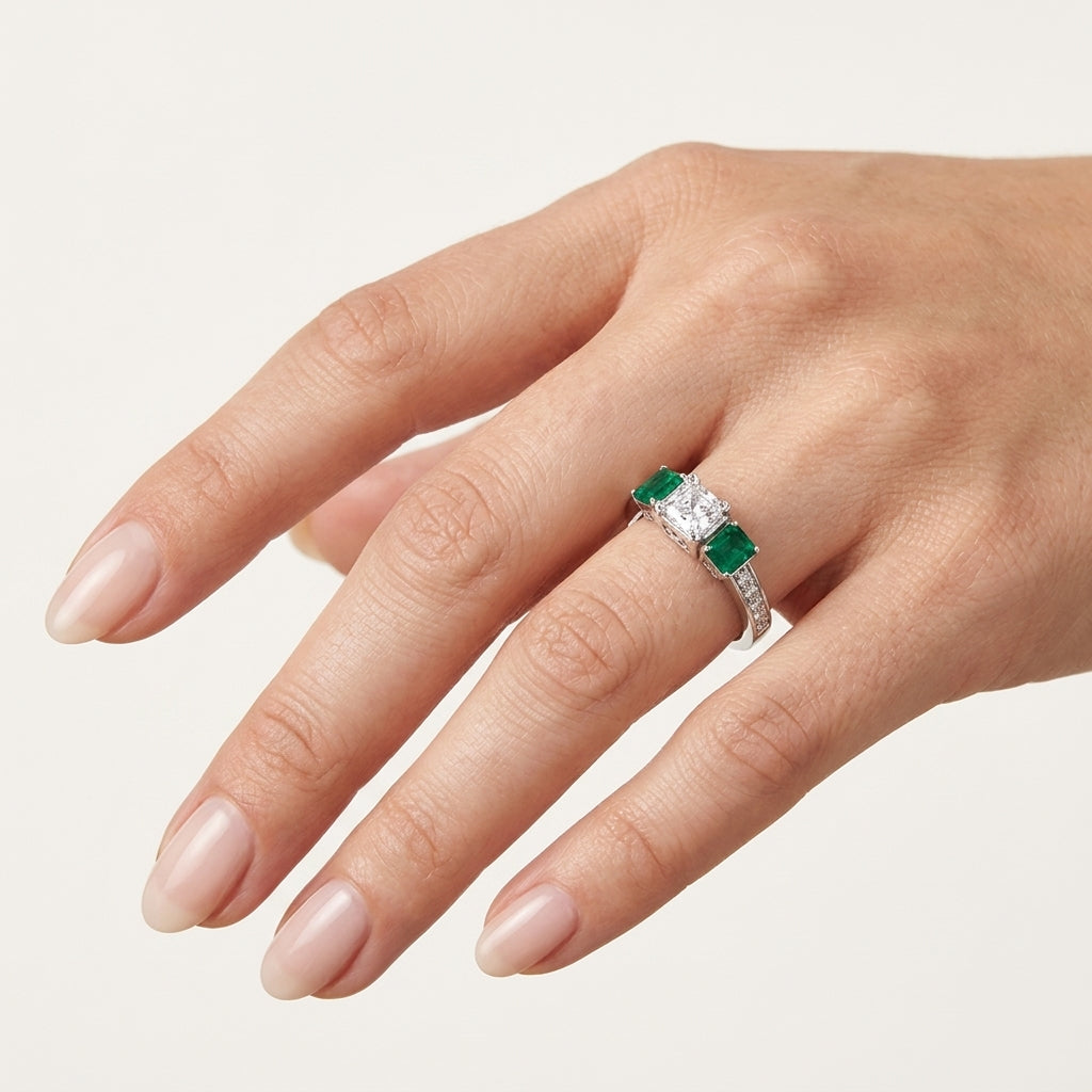 Exquisite Diamond Ring White Gold Emerald worn by model - Vicenza Miami