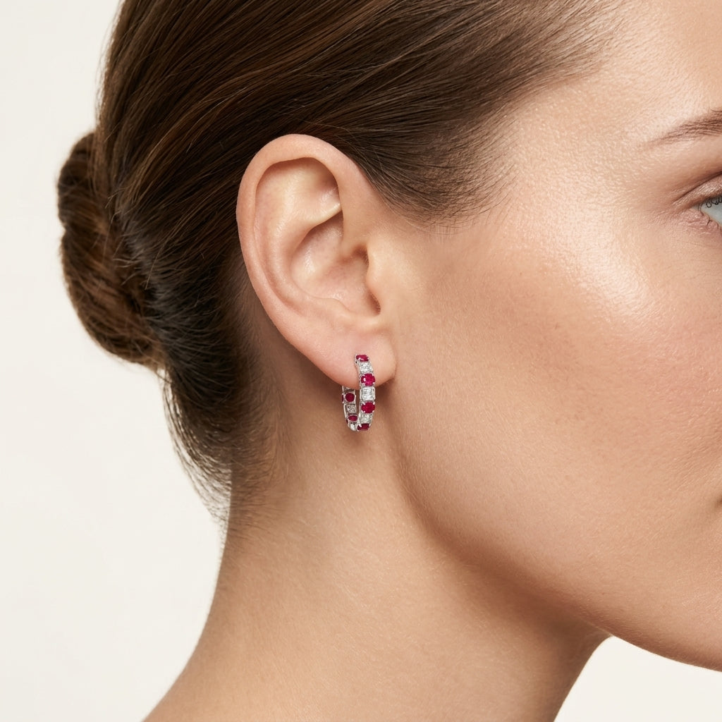 Ruby Diamond Alternating Hoop Earrings worn by model - Vicenza Miami