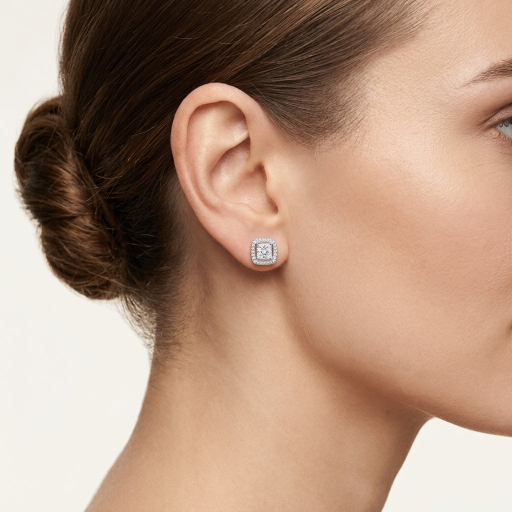 Opulent Cushion Diamond Earring worn by model - Vicenza Miami