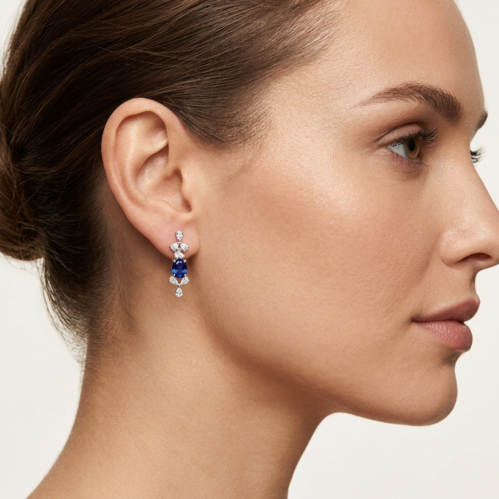Drop Earrings Oval-Cut Blue Sapphires worn by model - Vicenza Miami