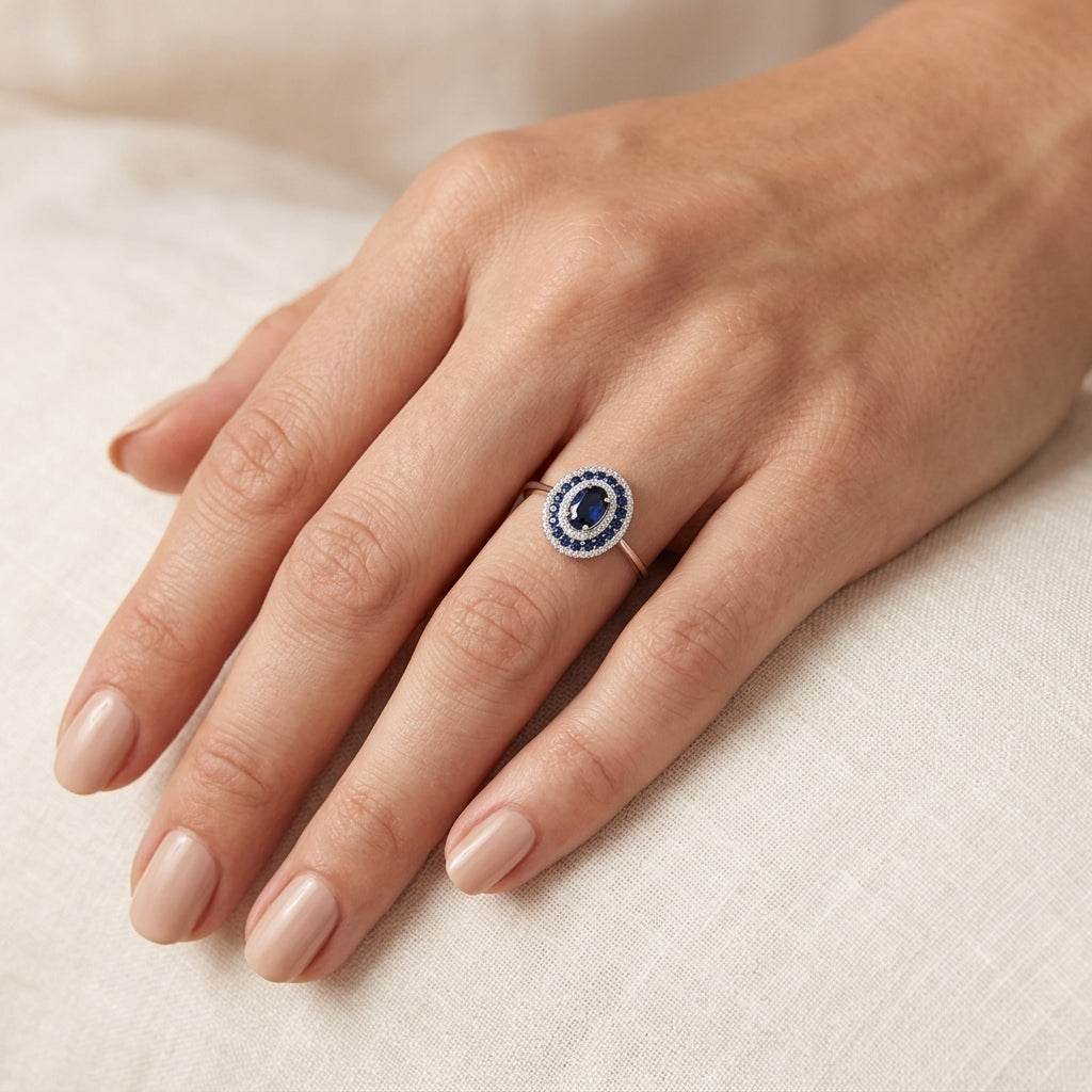 Lustrous Diamond & Sapphire Ring worn by model - Vicenza Miami