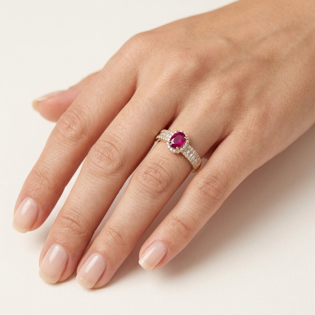 Divine Diamond Ring Yellow Gold Ruby worn by model - Vicenza Miami