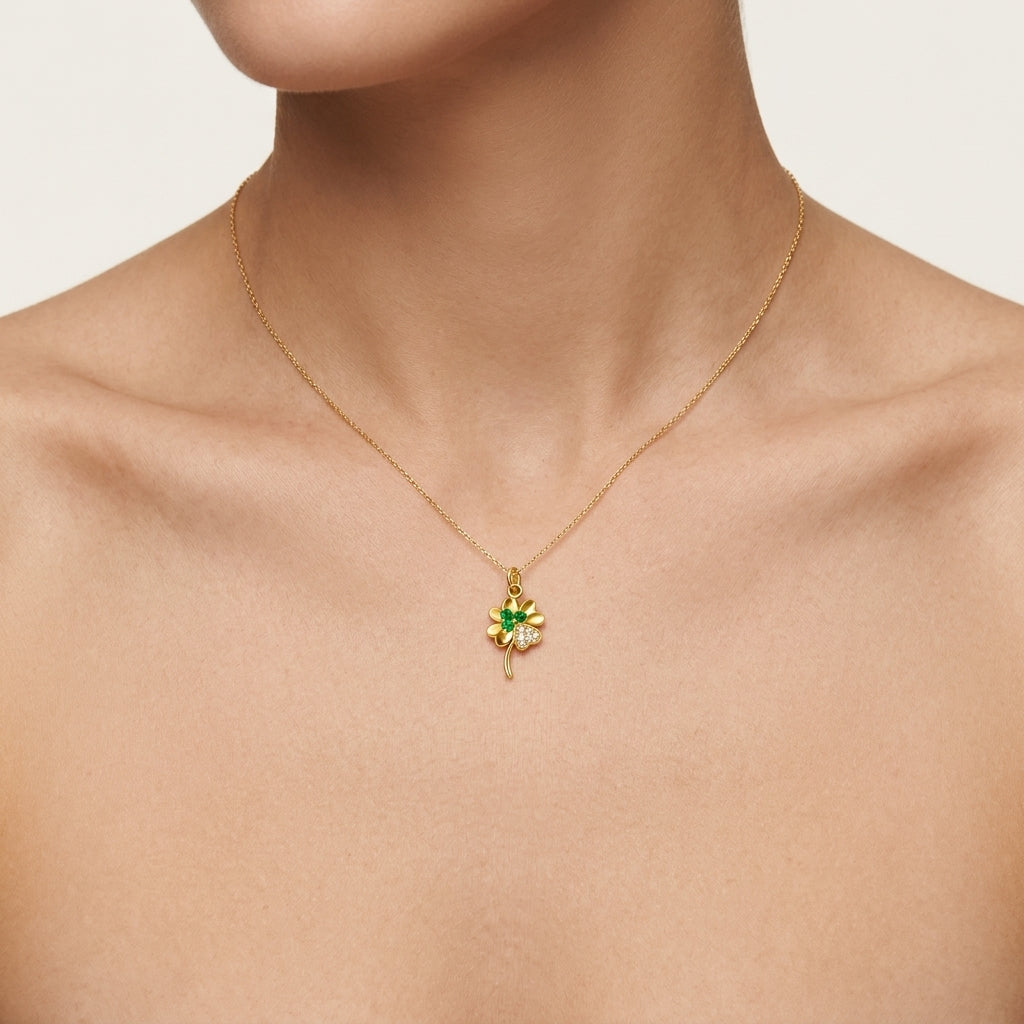 Clover Emerald & Diamond Pendant worn by model - Vicenza Miami