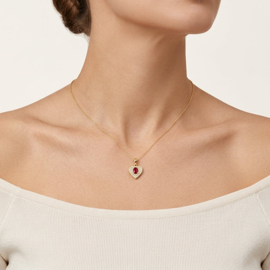 Heart Ruby & Diamond Pendant worn by model - Vicenza Miami