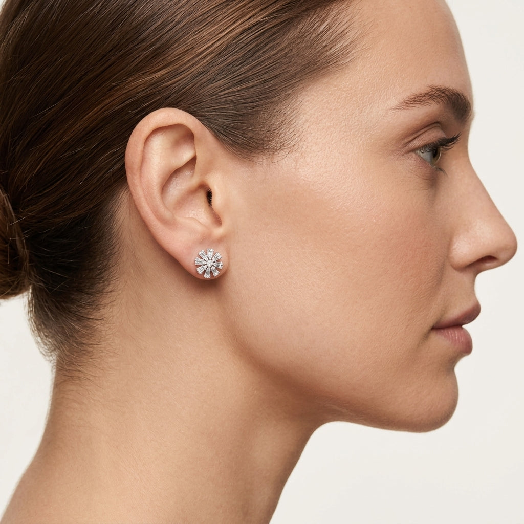 Starburst Diamond Tanzanite Earring worn by model - Vicenza Miami