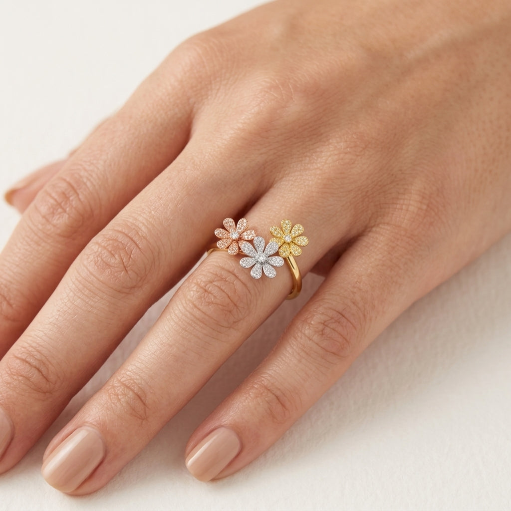 Petite Flower Diamond Ring worn by model - Vicenza Miami