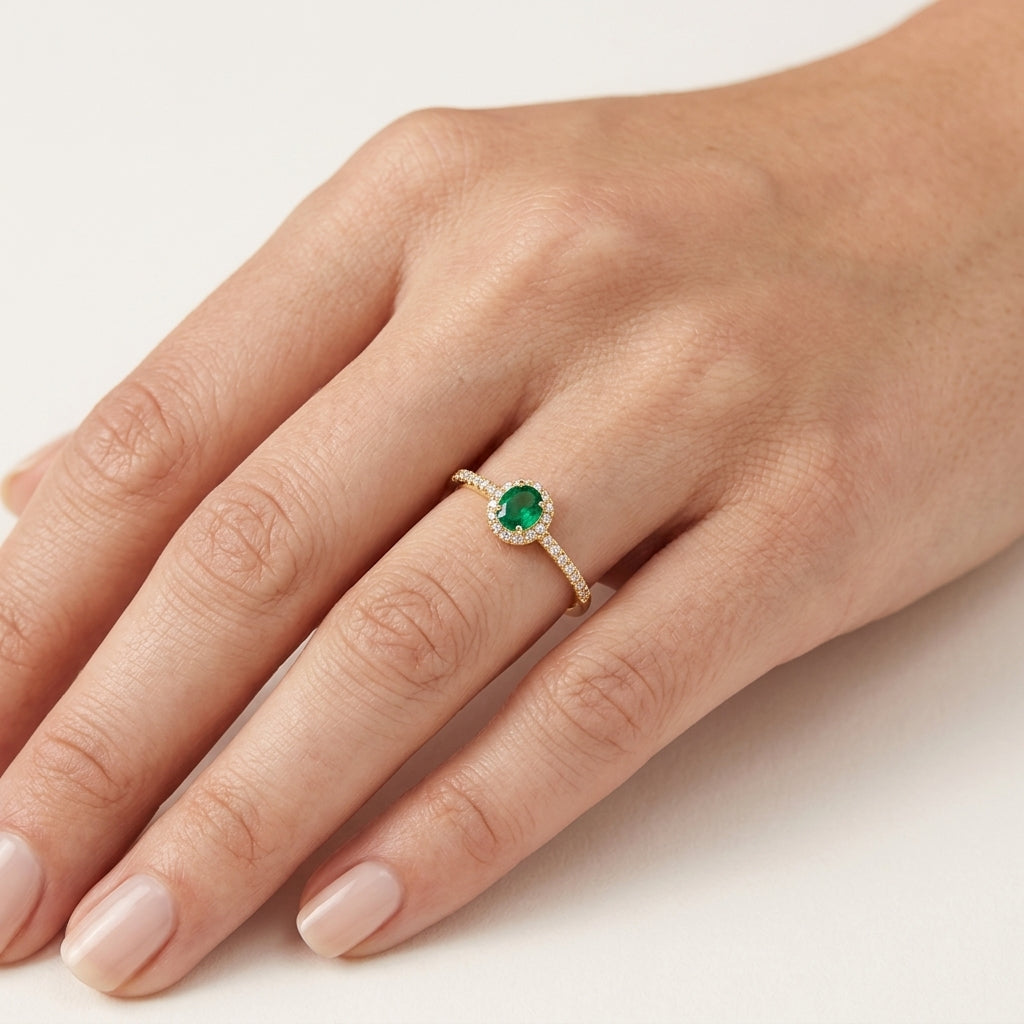 Statement Diamond Ring Yellow Gold Emerald worn by model - Vicenza Miami