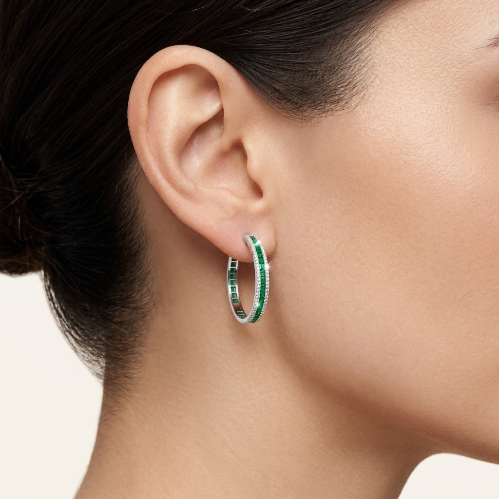 Emerald Diamond Channel Set Hoop Earrings worn by model - Vicenza Miami