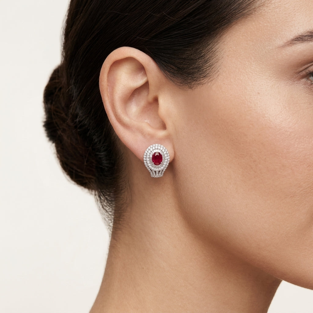 Ruby Diamond Double Halo Leverback Earrings worn by model - Vicenza Miami