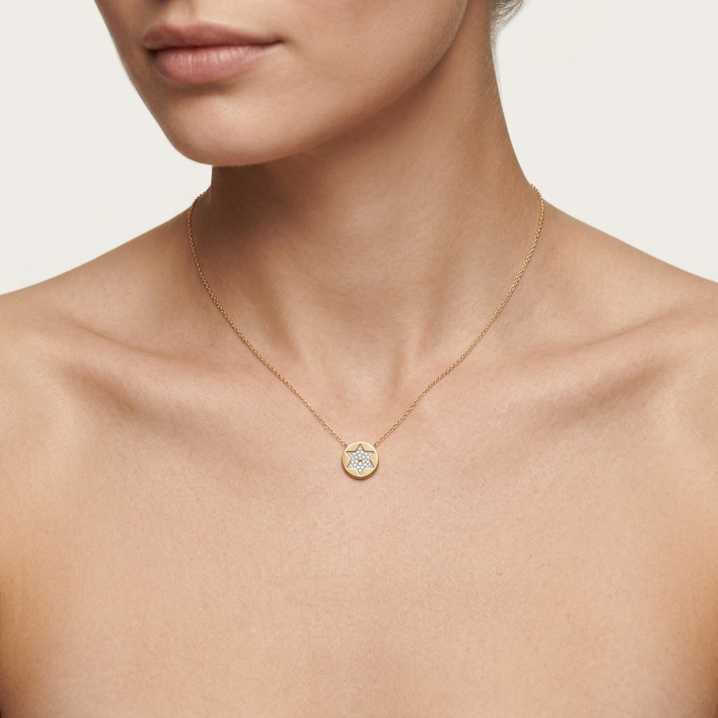 Star of David Pave Diamond Pendant worn by model - Vicenza Miami