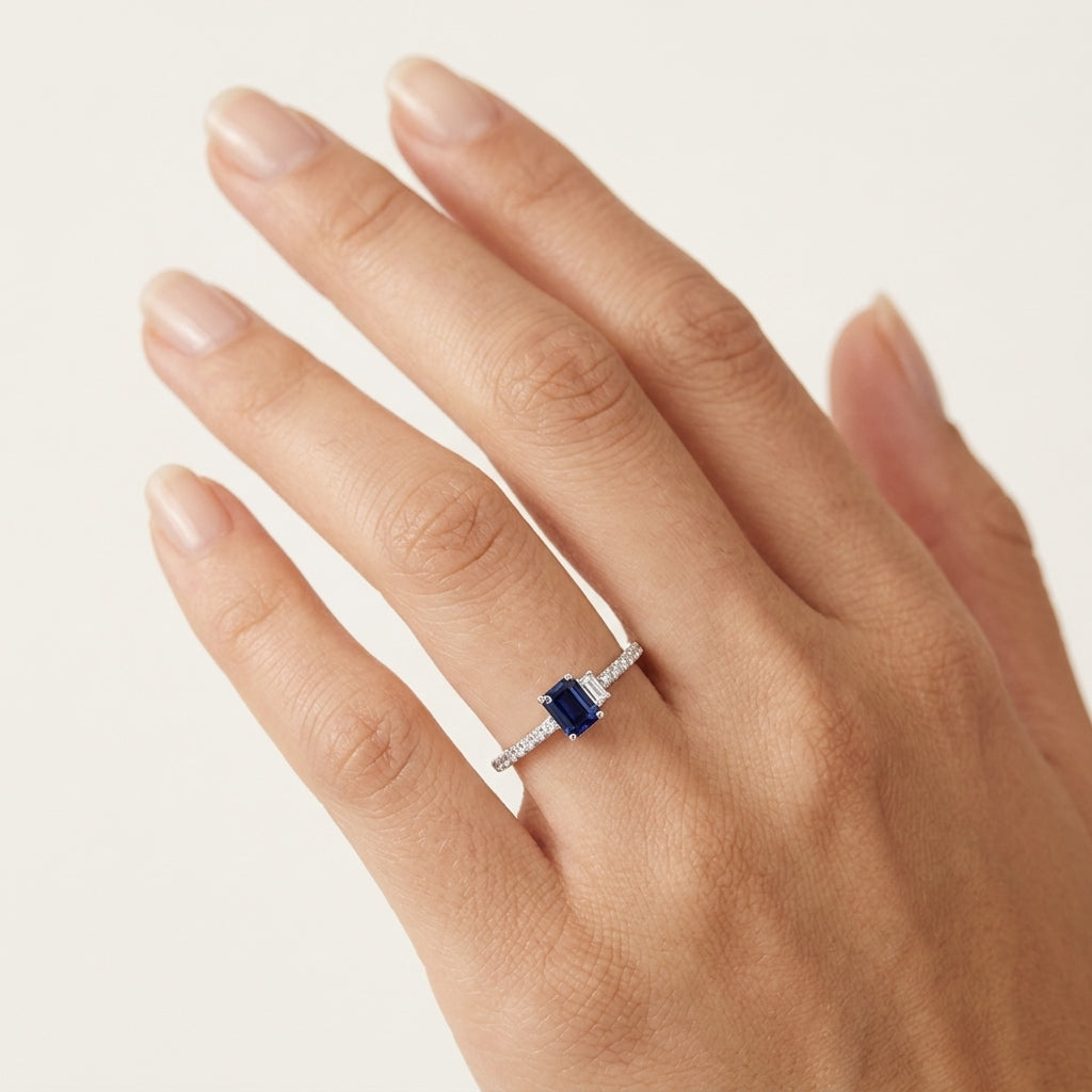 Elegant Diamond Ring White Gold Sapphire worn by model - Vicenza Miami