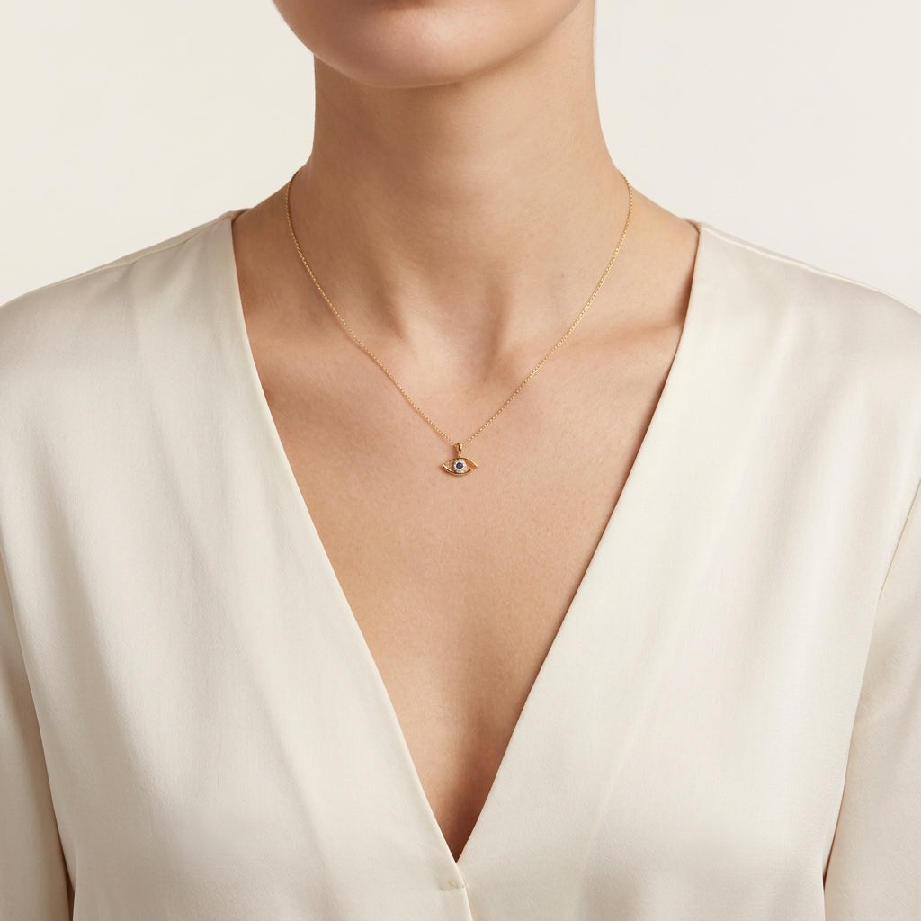Essence Eye Sapphire & Diamond Pendant worn by model - Vicenza Miami