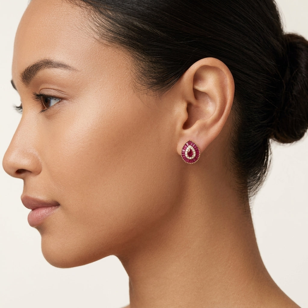 Ruby Baguette Diamond Halo Stud Earrings worn by model - Vicenza Miami