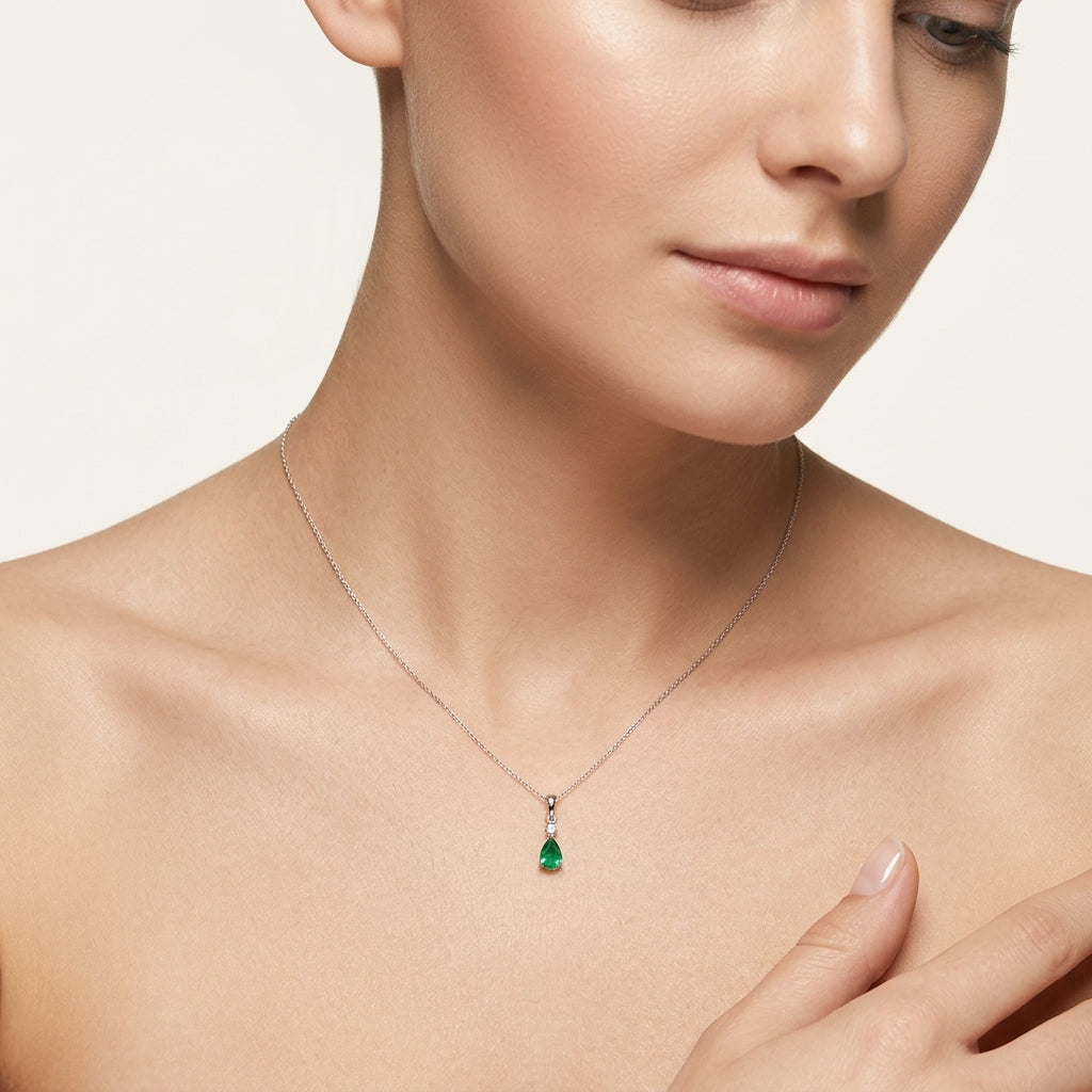 Pristine Emerald & Diamond Pendant worn by model - Vicenza Miami