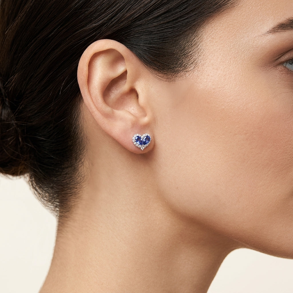 Stately Blue Sapphire & Diamond Earring worn by model - Vicenza Miami