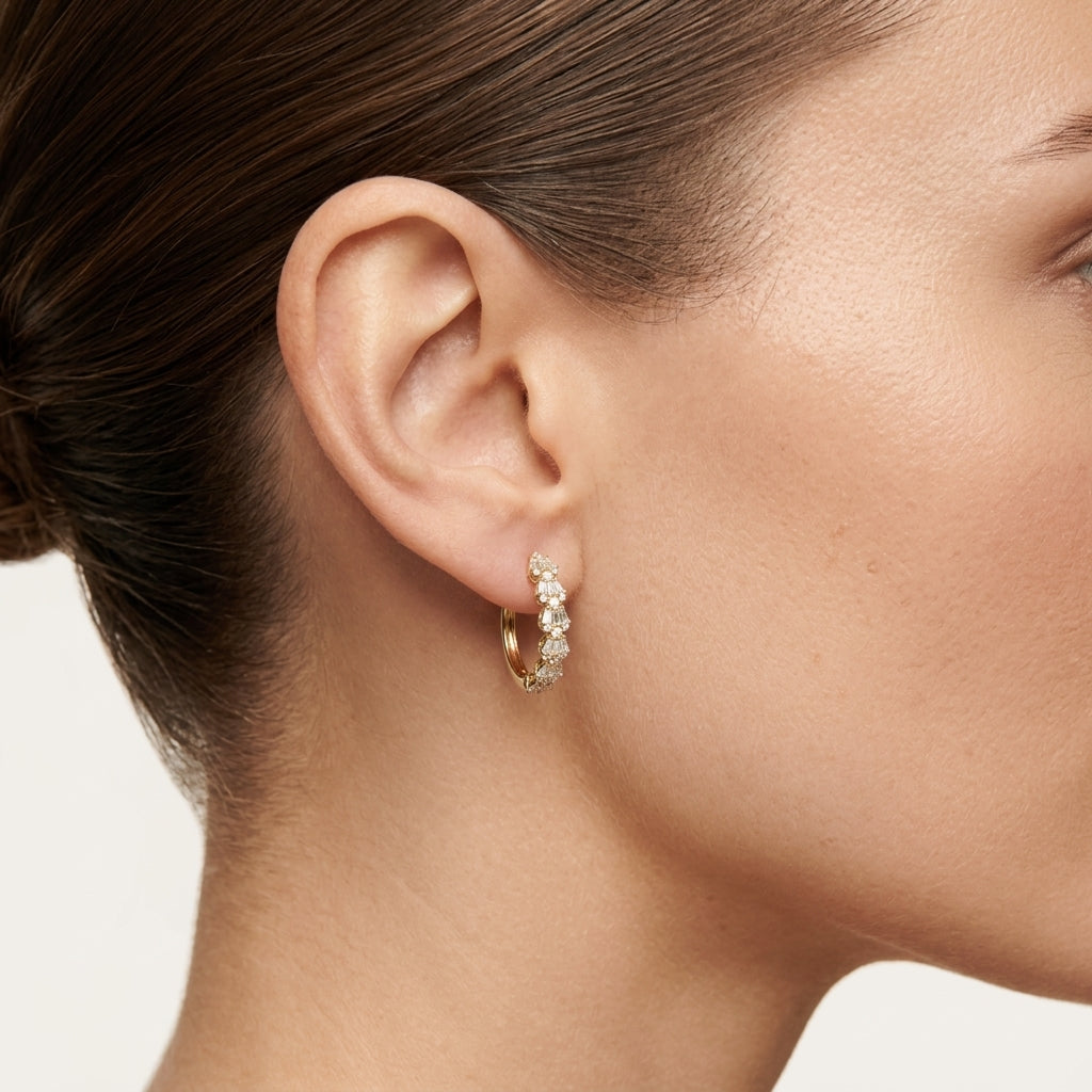 Tanzanite Baguette Hoop Earring worn by model - Vicenza Miami