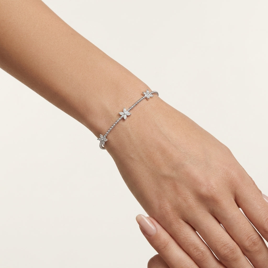 Diamond Flower Station Flex Bangle worn by model - Vicenza Miami