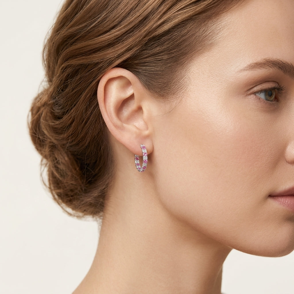 Pink Sapphire Emerald Cut Diamond Hoop Earrings worn by model - Vicenza Miami