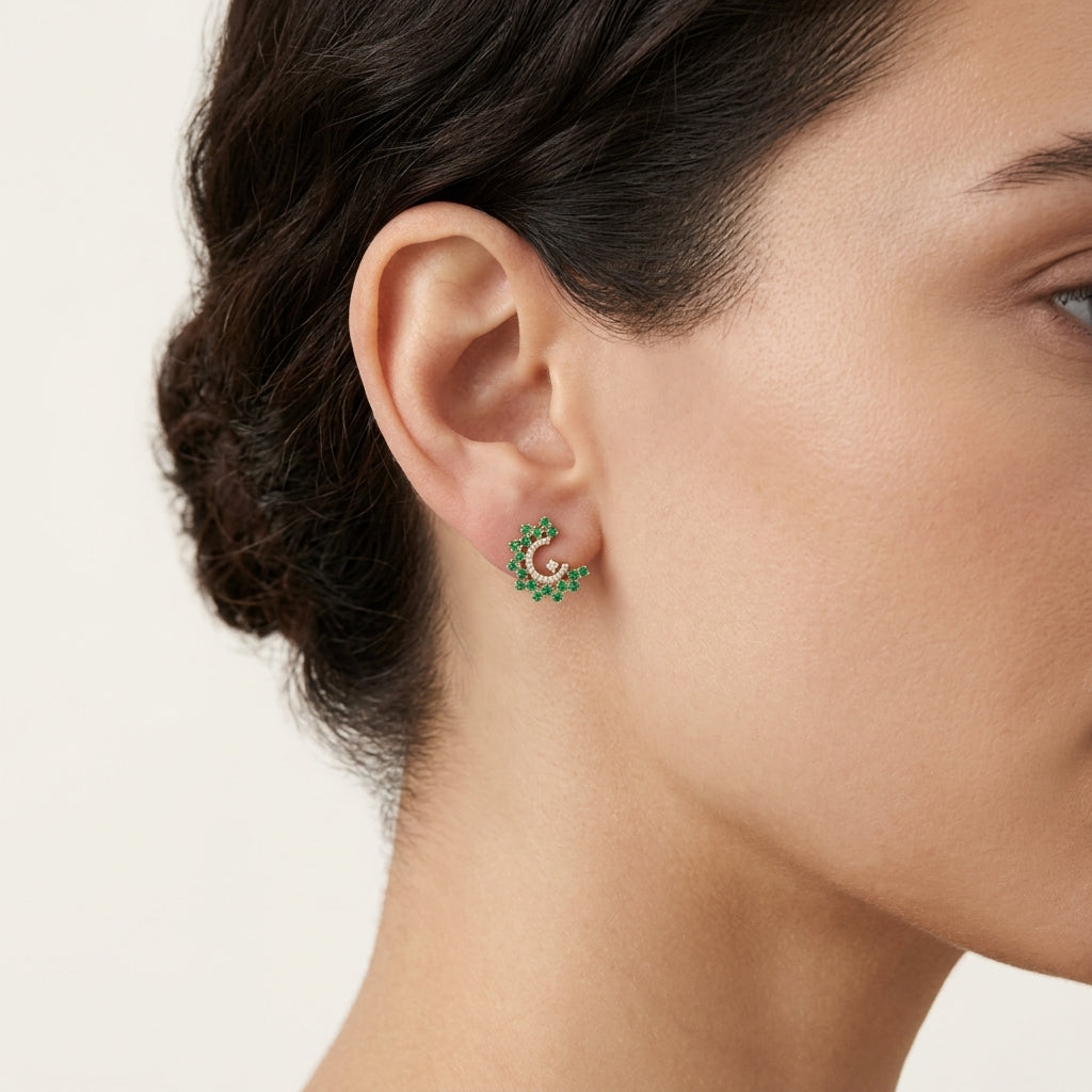 Emerald Diamond Crescent Moon Stud Earrings worn by model - Vicenza Miami