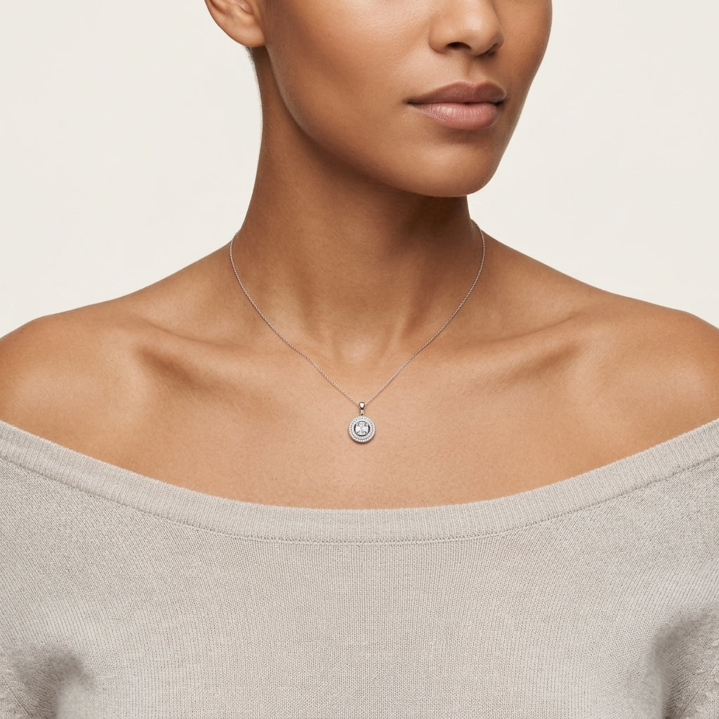 Diamond & Tanzanite Pendant worn by model - Vicenza Miami