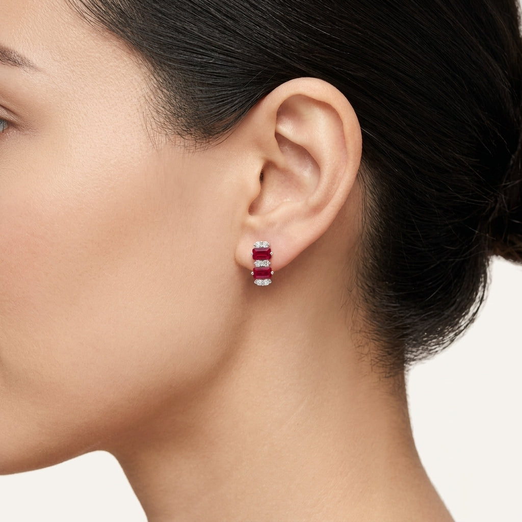 Ruby Diamond Cluster Stud Earrings worn by model - Vicenza Miami