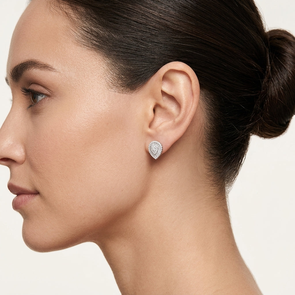 Tanzanite Pear Halo Earring worn by model - Vicenza Miami
