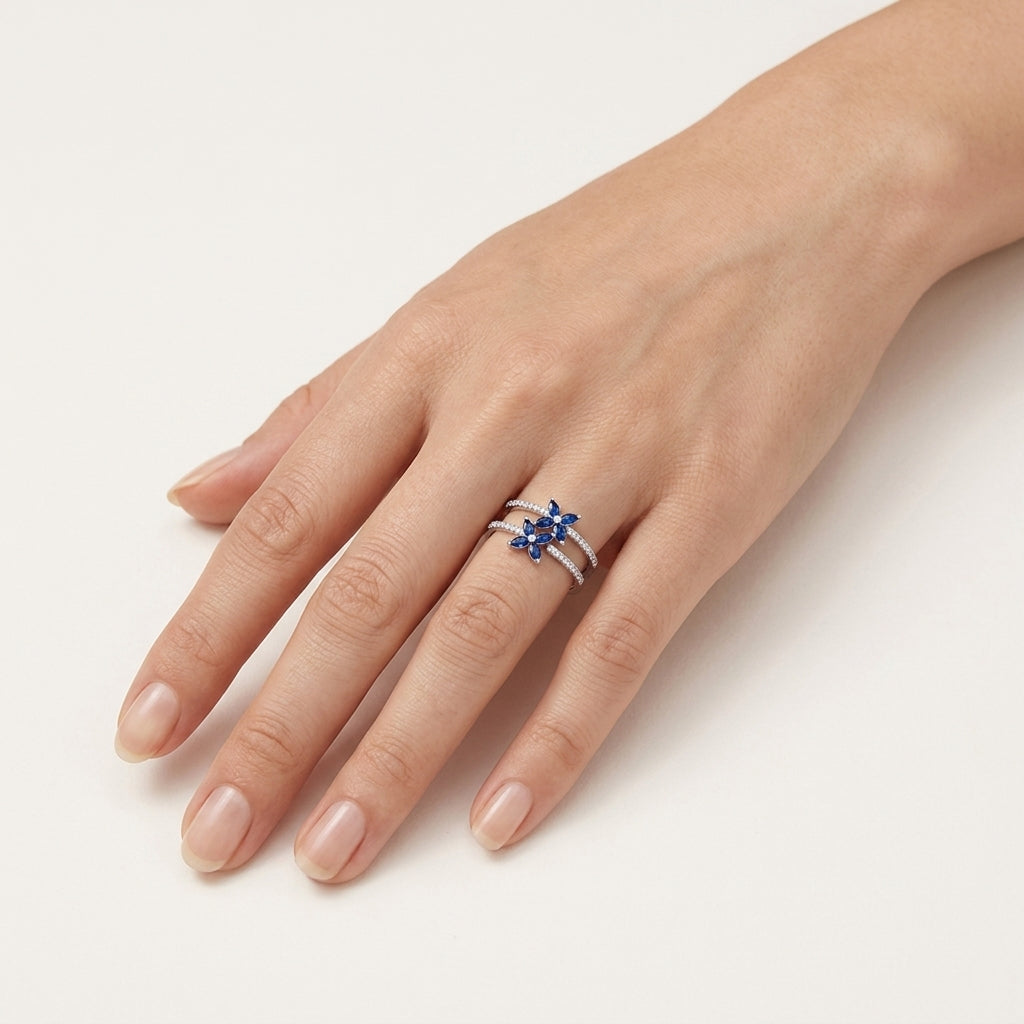 Double Row Sapphire & Diamond Ring worn by model - Vicenza Miami