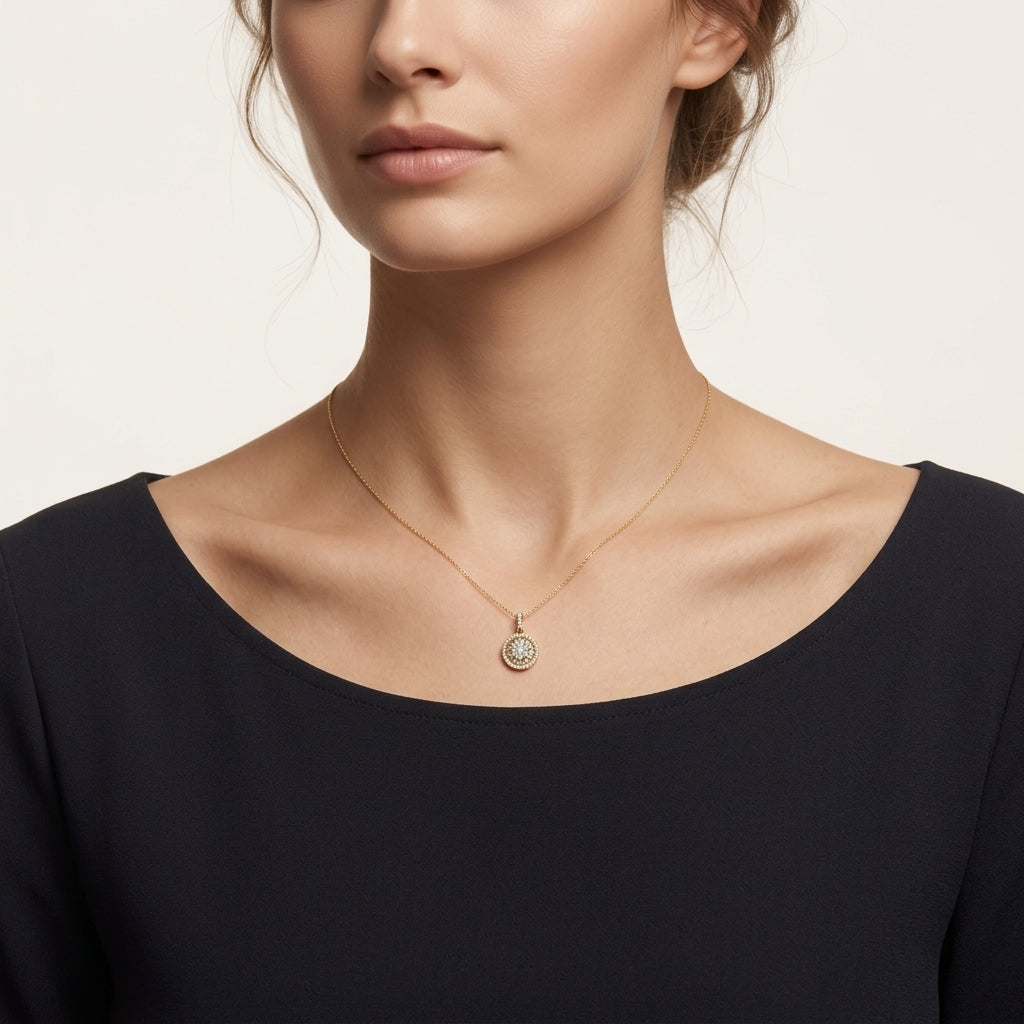Stately Diamond Pendant Rose Gold Diamond worn by model - Vicenza Miami
