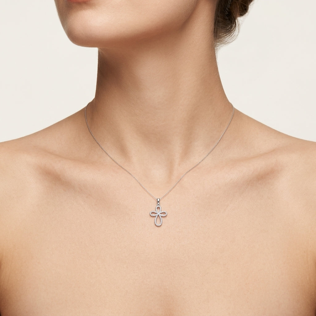 Diamond Pave Cross Pendant worn by model - Vicenza Miami
