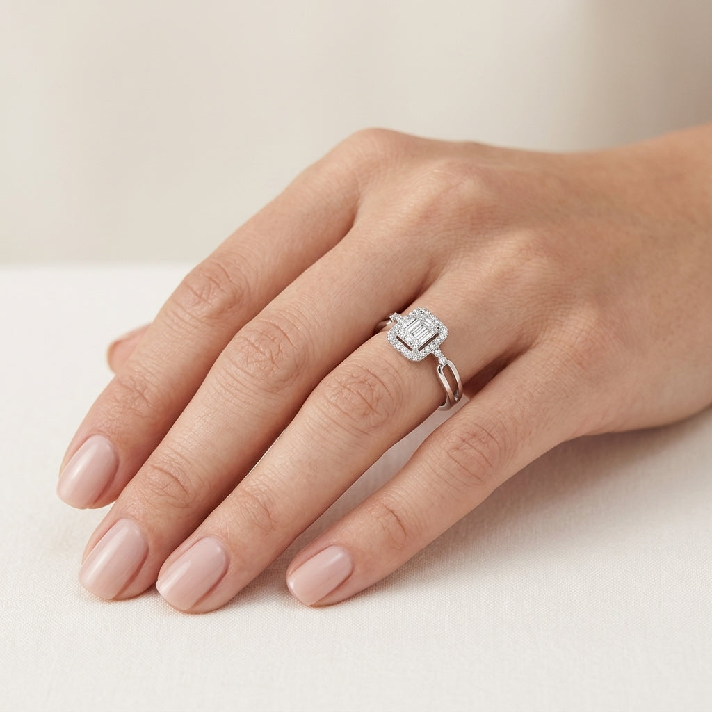 Polished Diamond Ring White Gold Diamond I worn by model - Vicenza Miami
