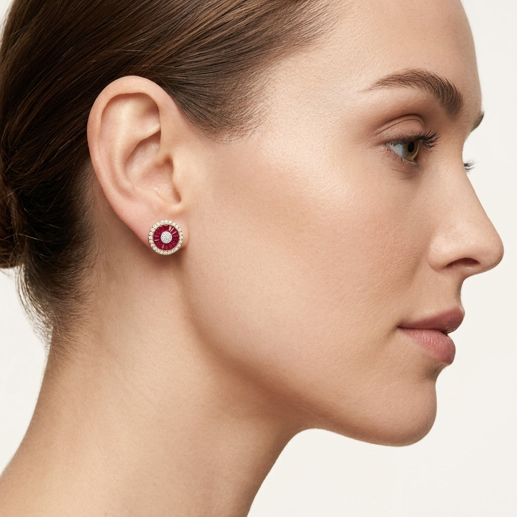Ruby Baguette Sunburst Diamond Halo Stud Earrings worn by model - Vicenza Miami