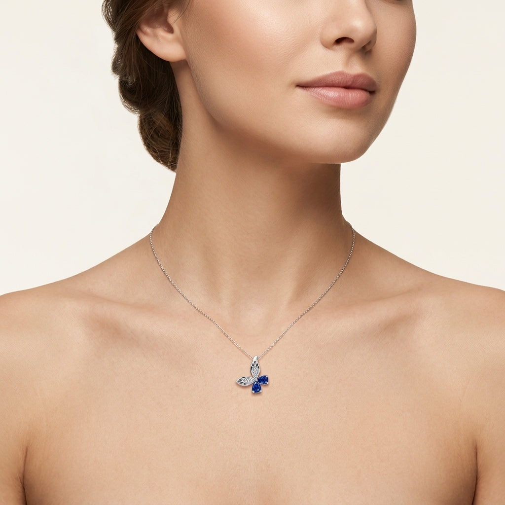 Butterfly Sapphire & Diamond Pendant worn by model - Vicenza Miami