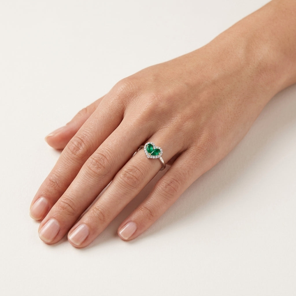 Pear Shaped Emerald Heart Halo Diamond Ring worn by model - Vicenza Miami