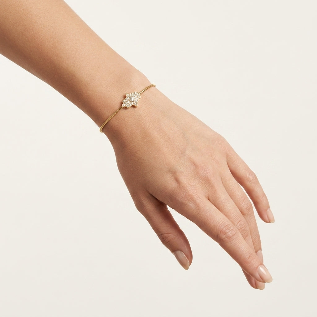 Hamsa Diamond Flex Bangle Yellow Gold worn by model - Vicenza Miami