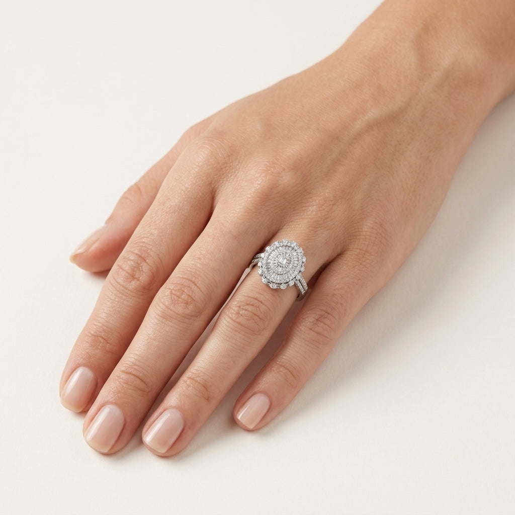 Emerald Cut Diamond Triple Halo Ring worn by model - Vicenza Miami