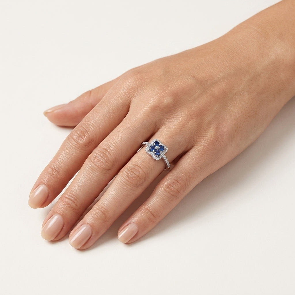 Lustrous Diamond & Sapphire Ring worn by model - Vicenza Miami