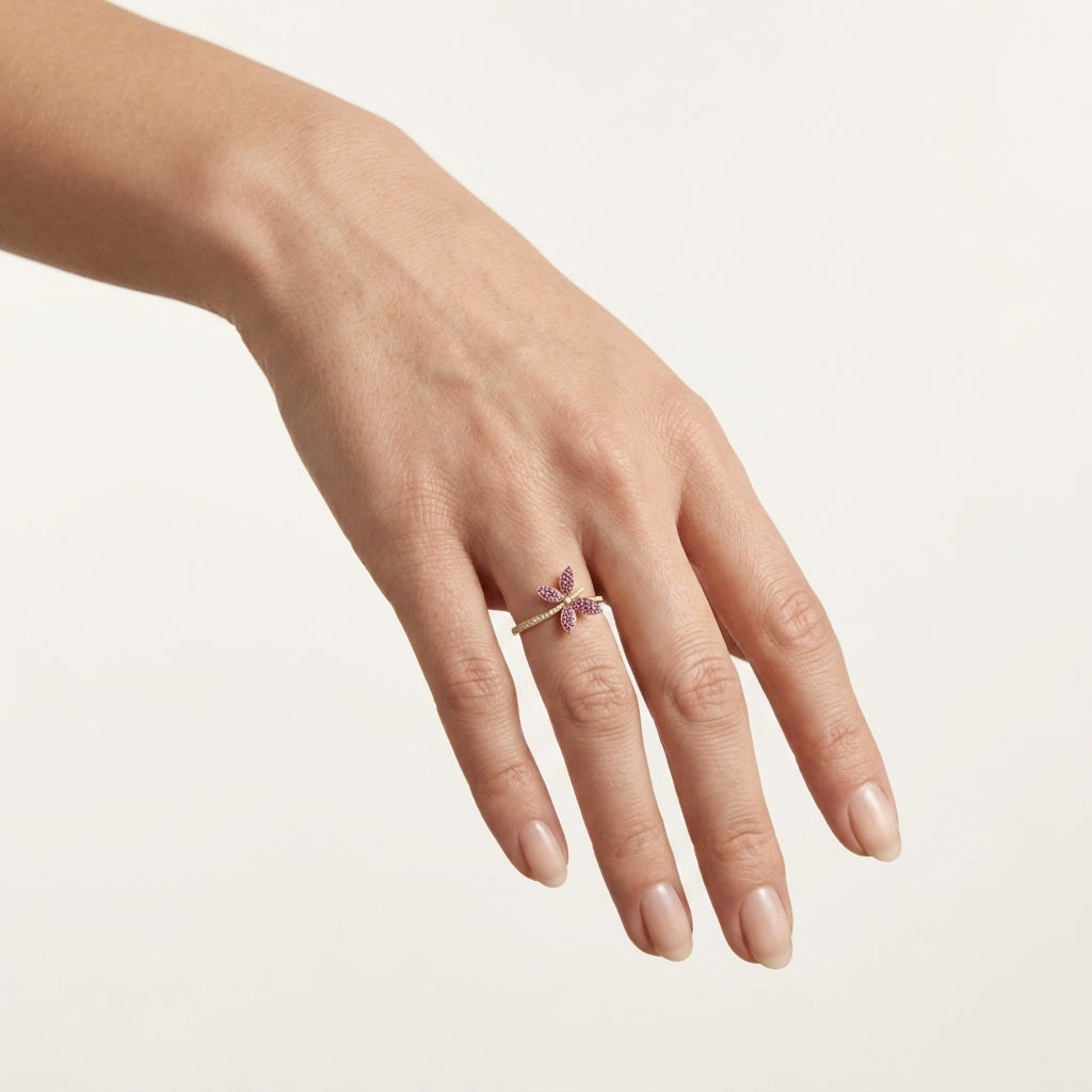 Butterfly Pink Sapphire & Diamond Ring worn by model - Vicenza Miami