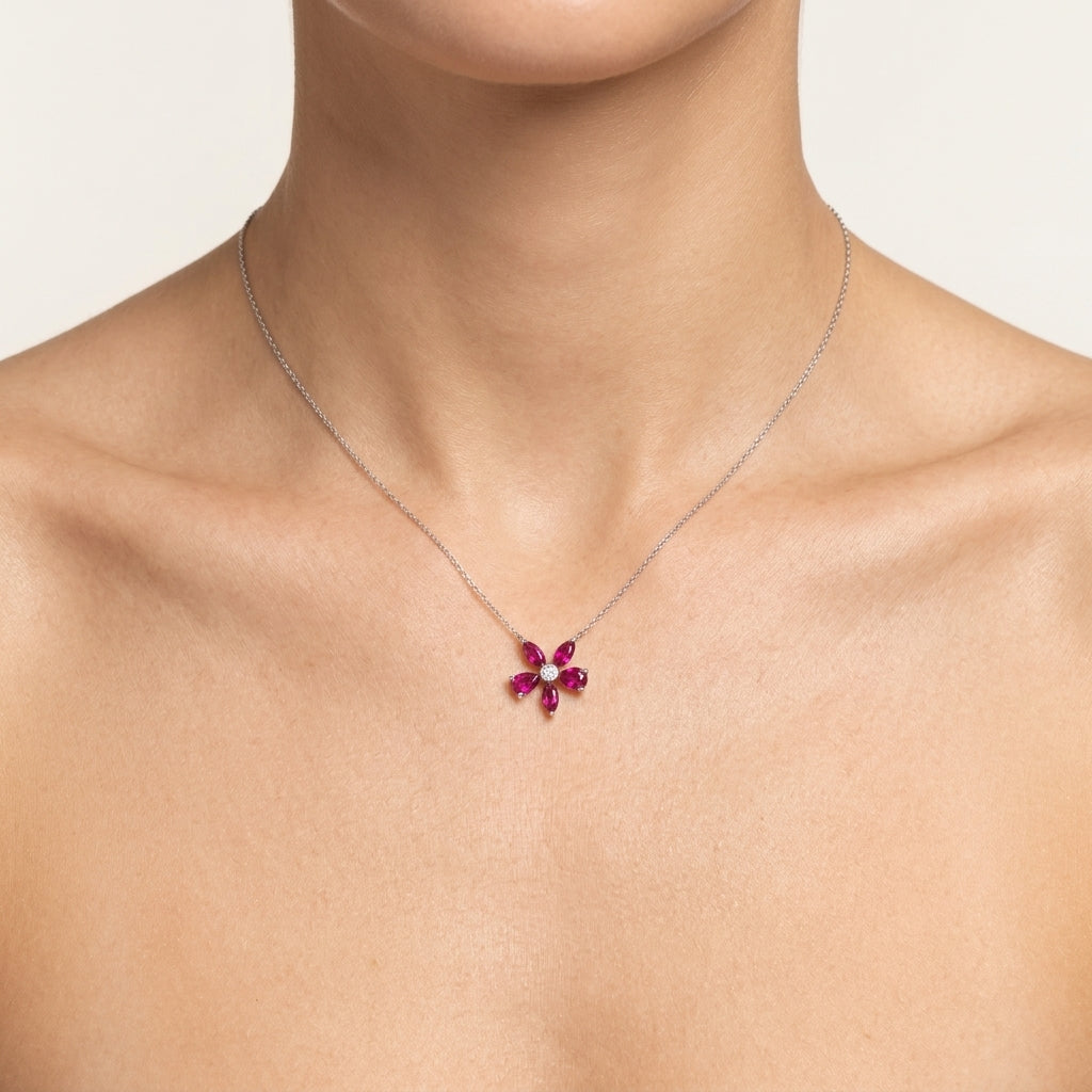 Ruby & Diamond Necklace worn by model - Vicenza Miami