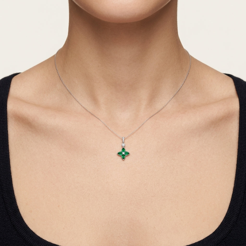 Majestic Diamond & Emerald Pendant worn by model - Vicenza Miami