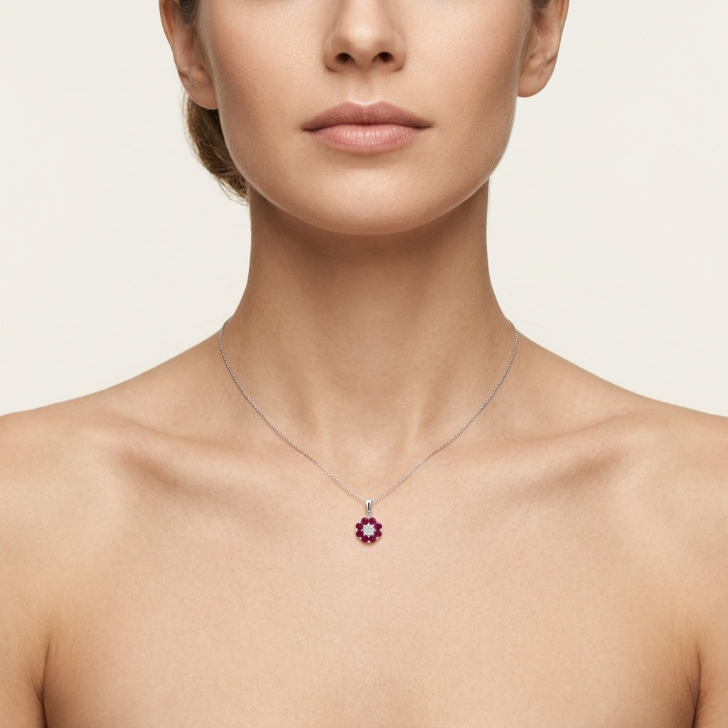 Brilliant Diamond Pendant White Gold Ruby worn by model - Vicenza Miami