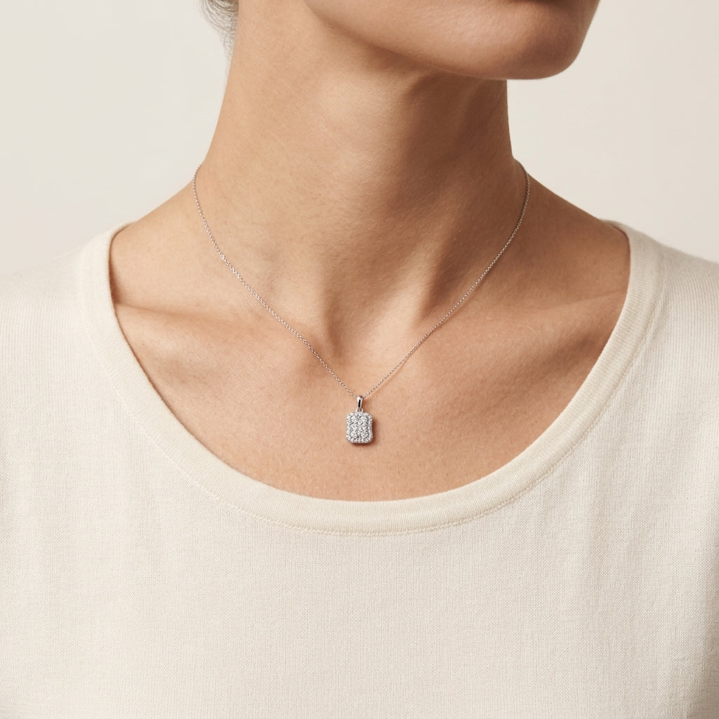 Precious Diamond Pendant White Gold Diamond worn by model - Vicenza Miami