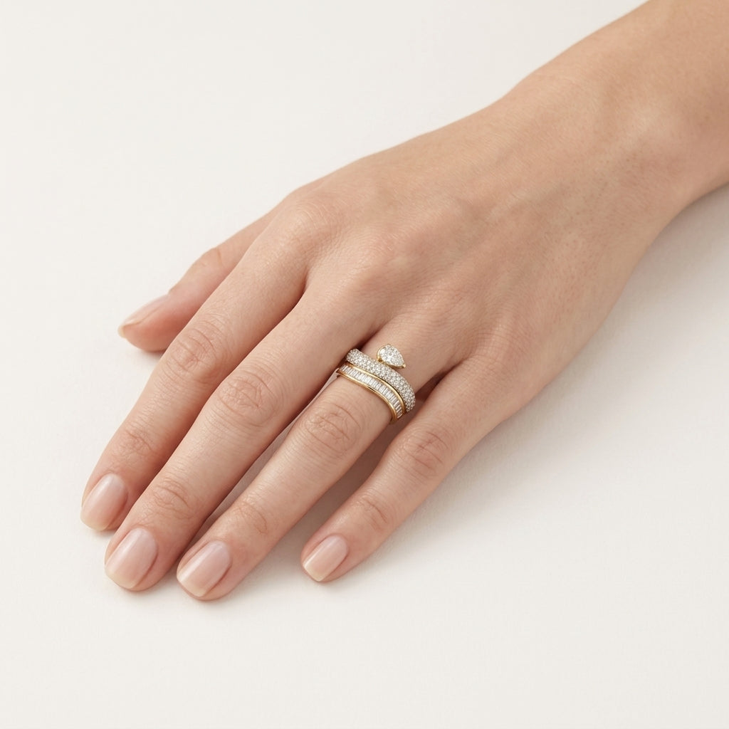 Pear Diamond Wave Ring worn by model - Vicenza Miami