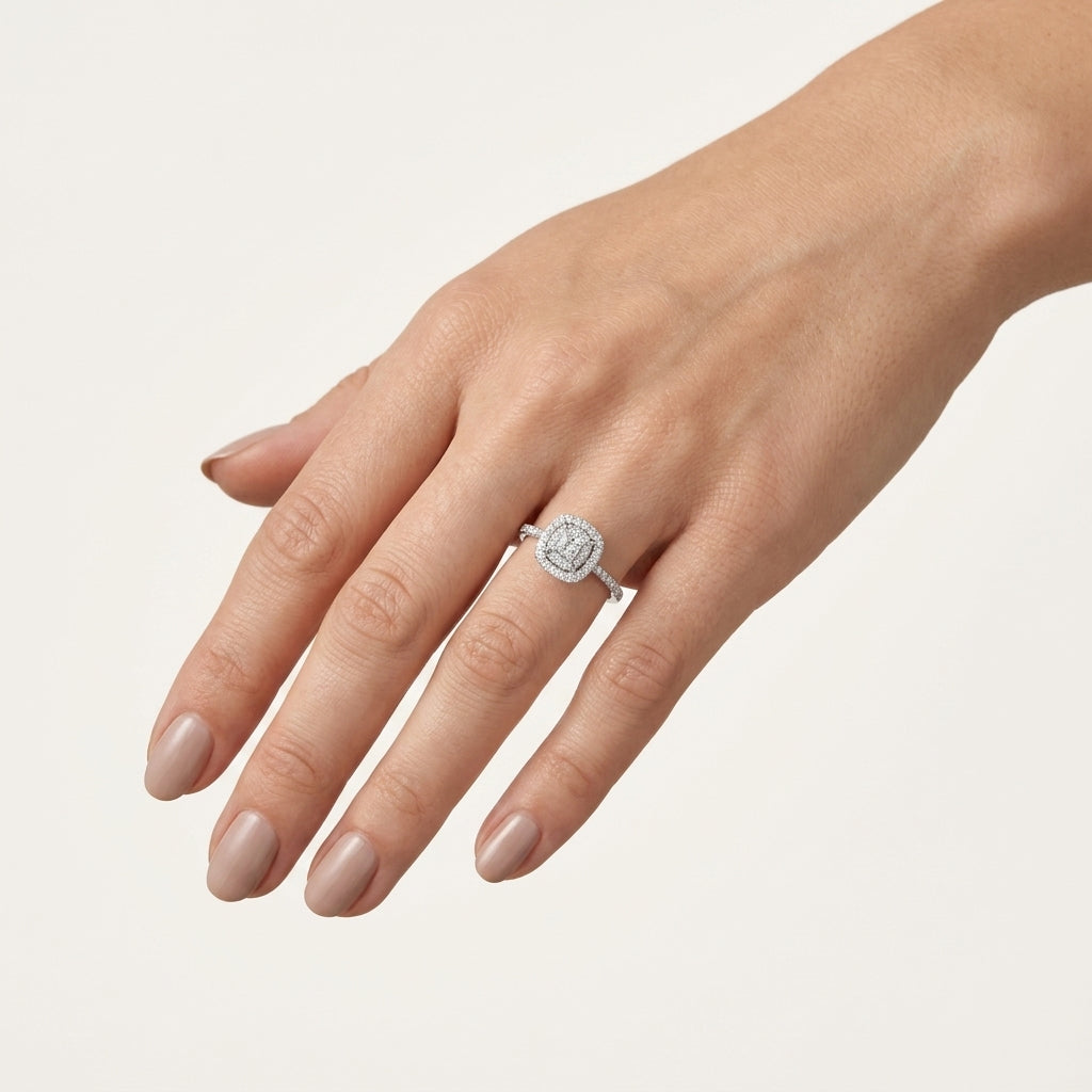 Classic Princess Cut Diamond Double Halo Ring worn by model - Vicenza Miami