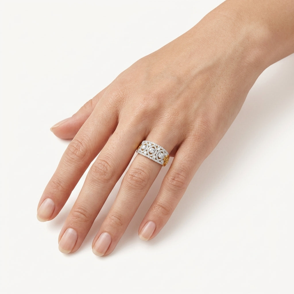 Enchanted Diamond Ring Yellow Gold Diamond worn by model - Vicenza Miami