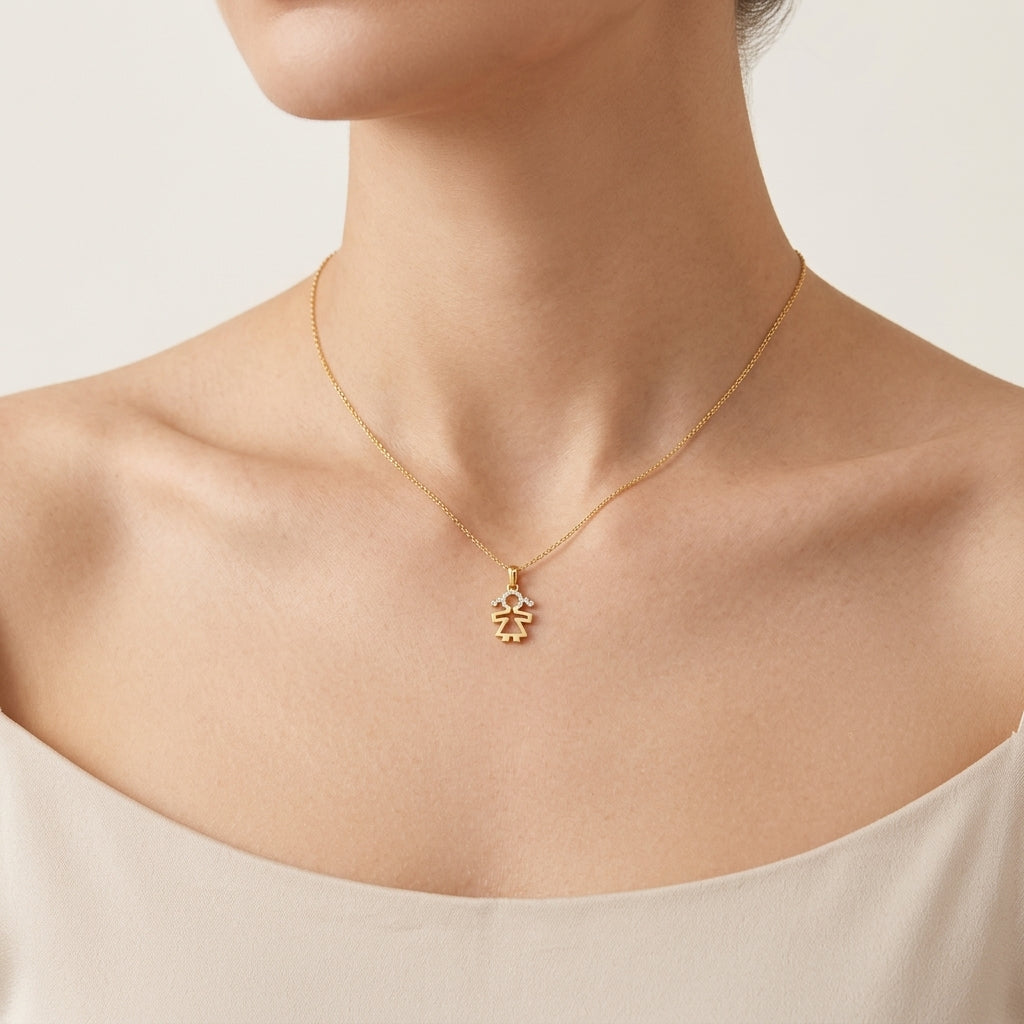 Girl With Handle Diamond Pendant worn by model - Vicenza Miami