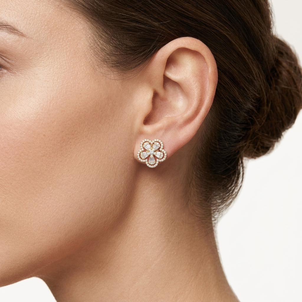 Classic Diamond Flower Cluster Stud Earrings worn by model - Vicenza Miami